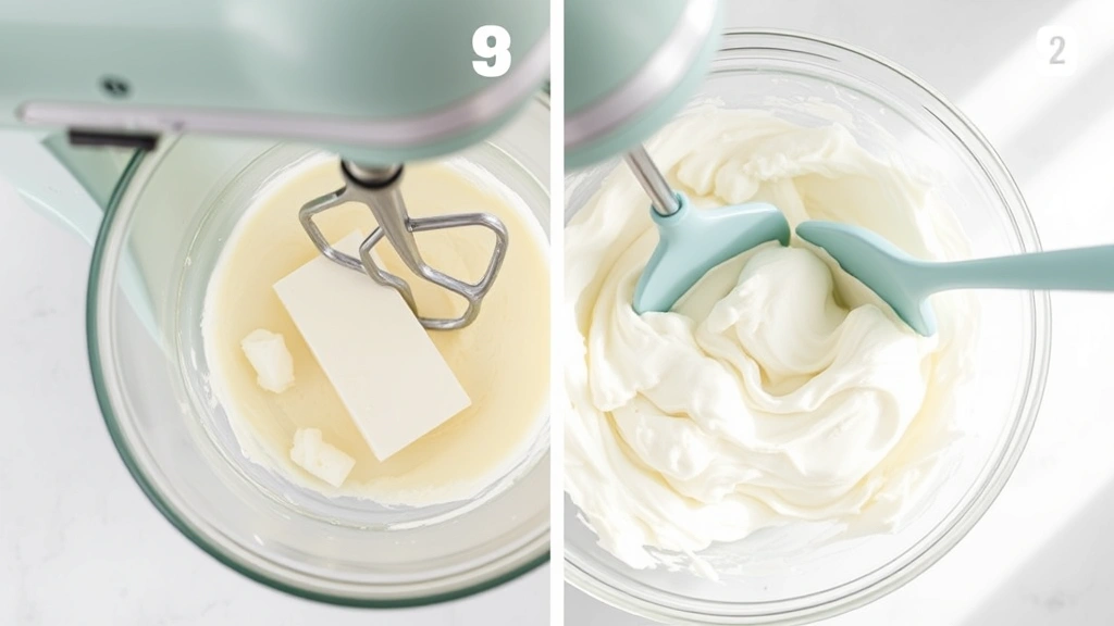 process: overhead shot of electric mixer beating cream cheese in glass bowl, fluffy white marshmallow mixture being folded with rubber spatula, bright kitchen counter, natural daylight, step-by-step cooking action
