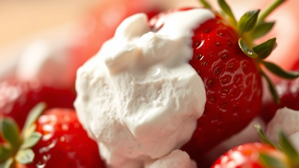 detail: close-up macro shot of strawberry dipped in creamy marshmallow fluff dip, marshmallow clinging to red fruit, soft focus background with more fruit visible, warm natural lighting, appetizing and indulgent
