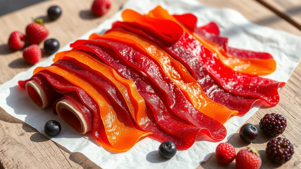 hero: colorful homemade fruit leather strips in vibrant reds, purples, and oranges, rolled and arranged on white parchment paper, natural sunlight streaming across, fresh berries scattered nearby, rustic wooden table background, photorealistic, no text