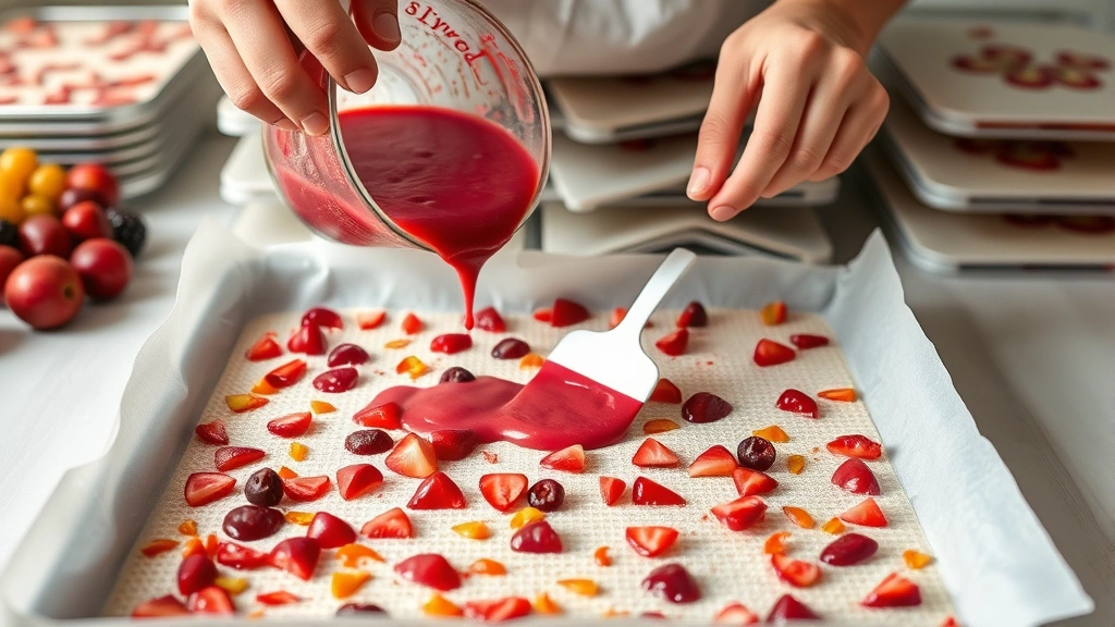 process: pouring smooth fruit puree onto dehydrator tray lined with parchment paper, hands spreading mixture evenly with spatula, dehydrator trays stacked in background, photorealistic natural kitchen lighting, no text