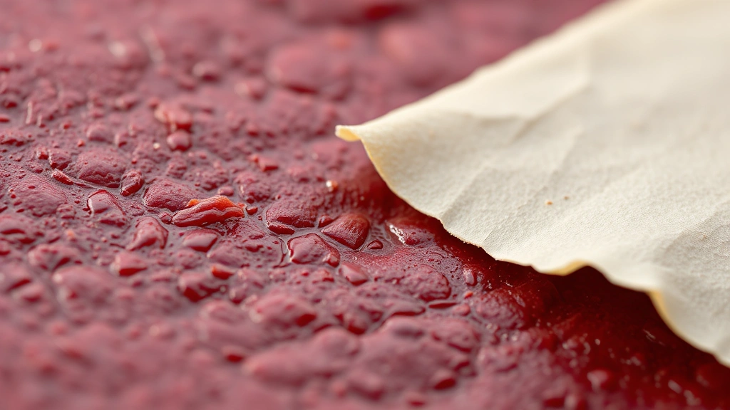 detail: close-up macro shot of finished fruit leather texture showing smooth surface with slight sheen, peeling back corner of parchment paper, vibrant deep color, shallow depth of field, photorealistic, no text