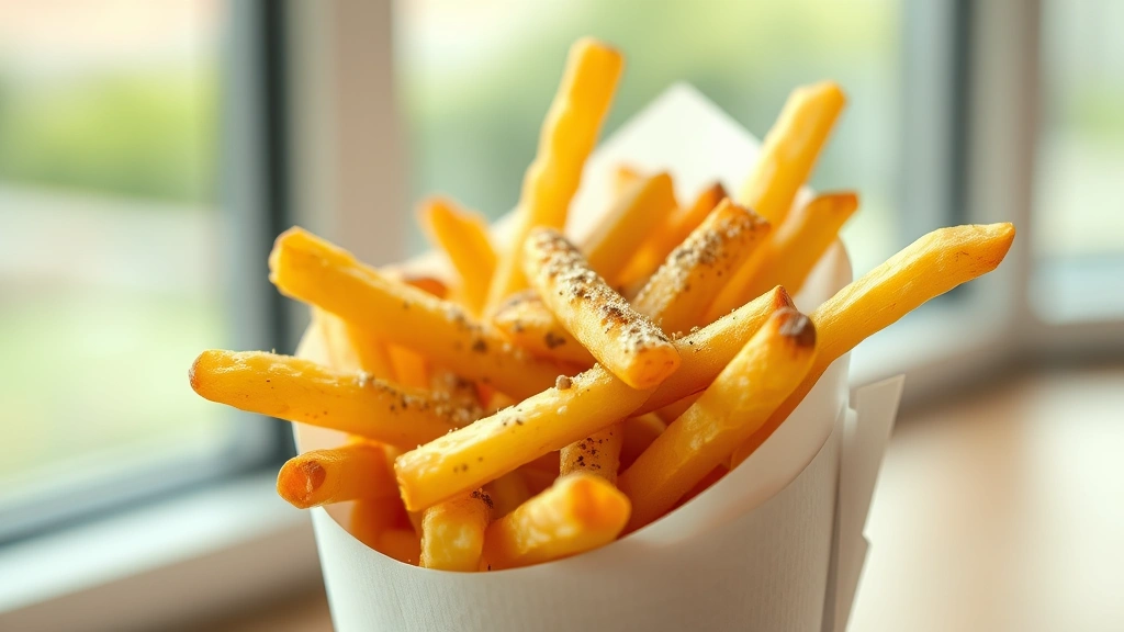 hero: golden crispy french fries in a white paper cone with homemade fry seasoning sprinkled on top, photorealistic, natural daylight from window, shallow depth of field, no text