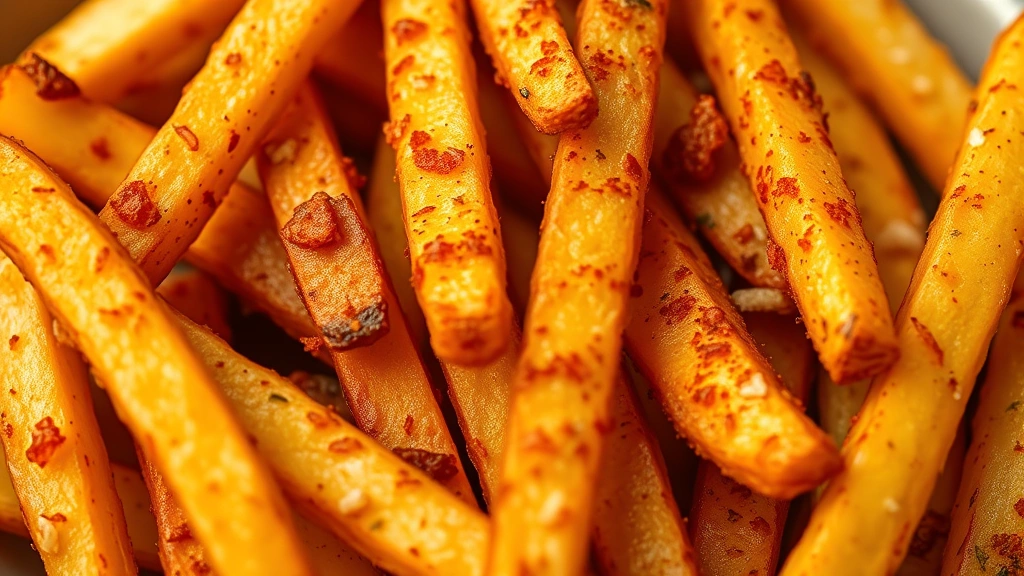 detail: close-up of seasoned golden fries with visible flakes of paprika and herbs, photorealistic, macro photography with natural light, no text
