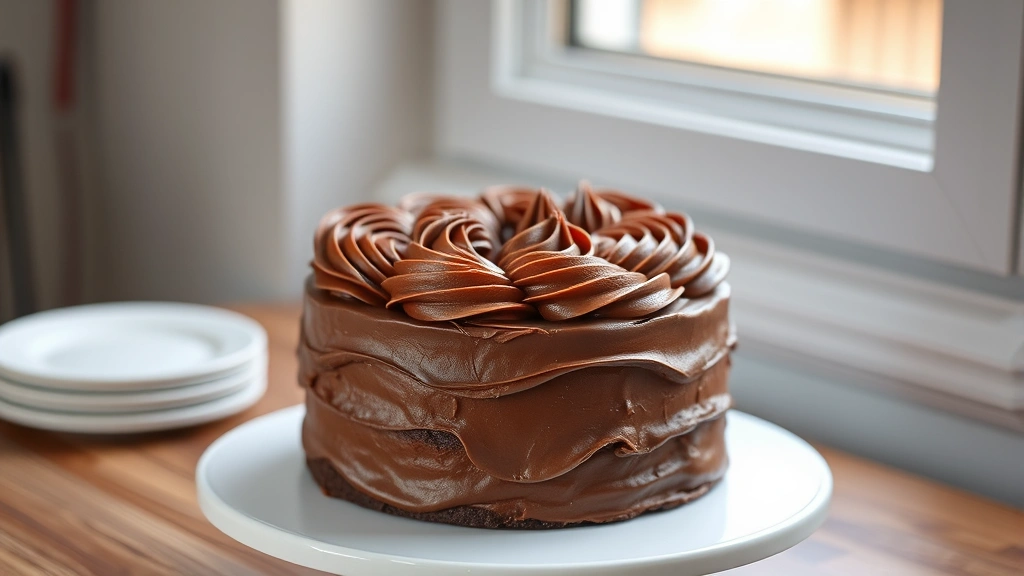 hero: beautiful chocolate fudge frosting piped in swirls onto a chocolate layer cake, photorealistic, natural window light, close-up of decorated cake, no text