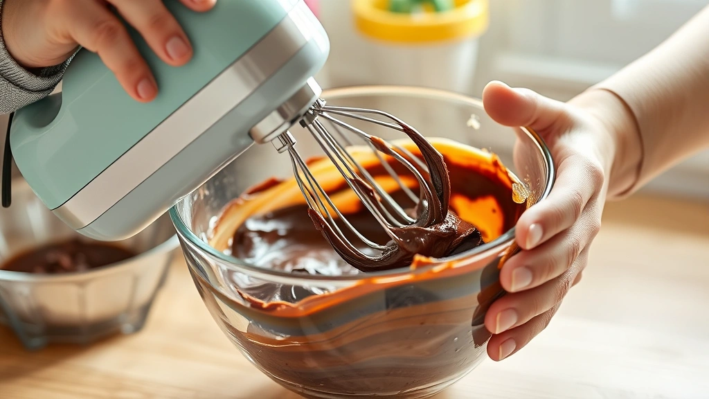 process: hands using an electric mixer to beat chocolate frosting ingredients in a glass bowl, photorealistic, bright kitchen light, action shot, no text