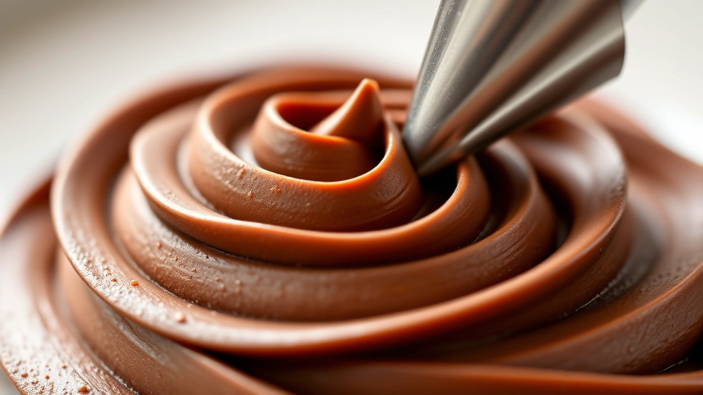 detail: extreme close-up of smooth chocolate fudge frosting texture with piping tip creating a rosette, photorealistic, soft natural light, shallow depth of field, no text