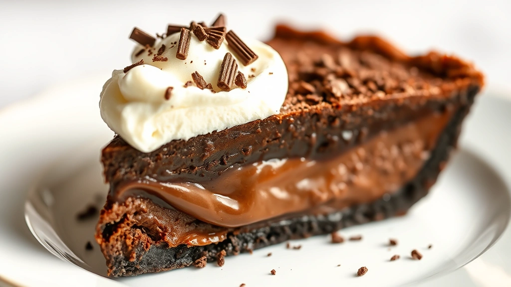 hero: slice of rich fudge pie with gooey center, topped with whipped cream and chocolate shavings, on white plate, warm lighting, shallow depth of field, no text or watermarks