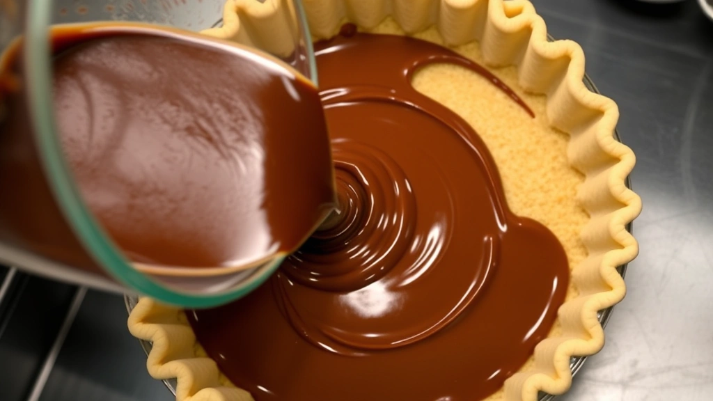 process: pouring smooth melted chocolate batter into pie crust, golden crust visible, professional kitchen lighting, overhead angle, no text