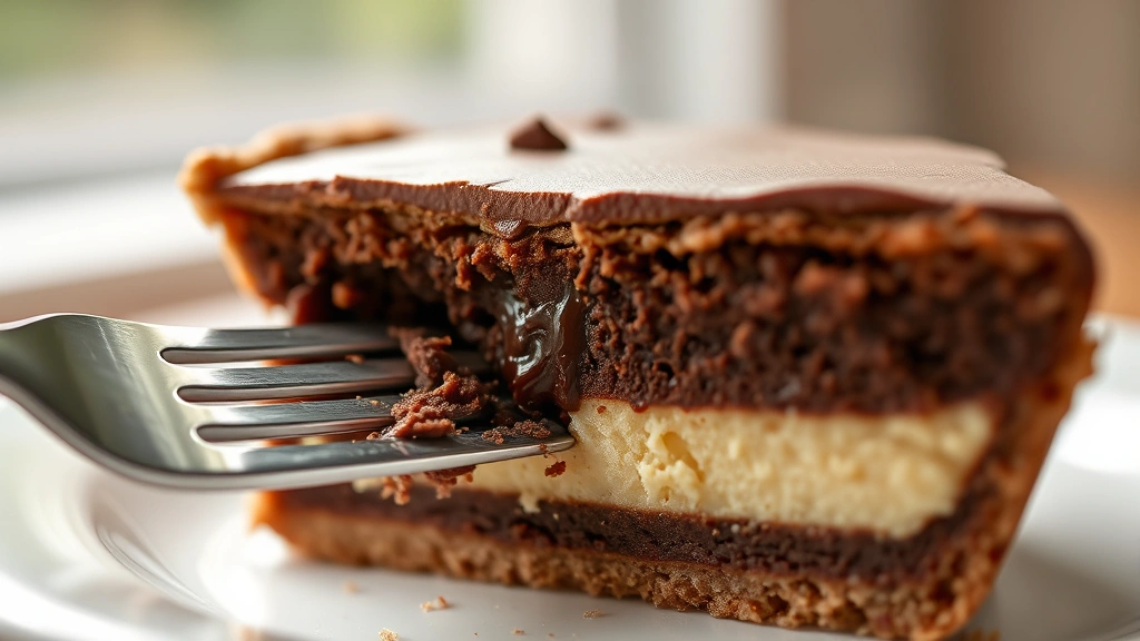 detail: close-up cross-section of fudge pie showing layers and texture, fork taking a bite, natural window light, shallow focus on the fudgy center, no text