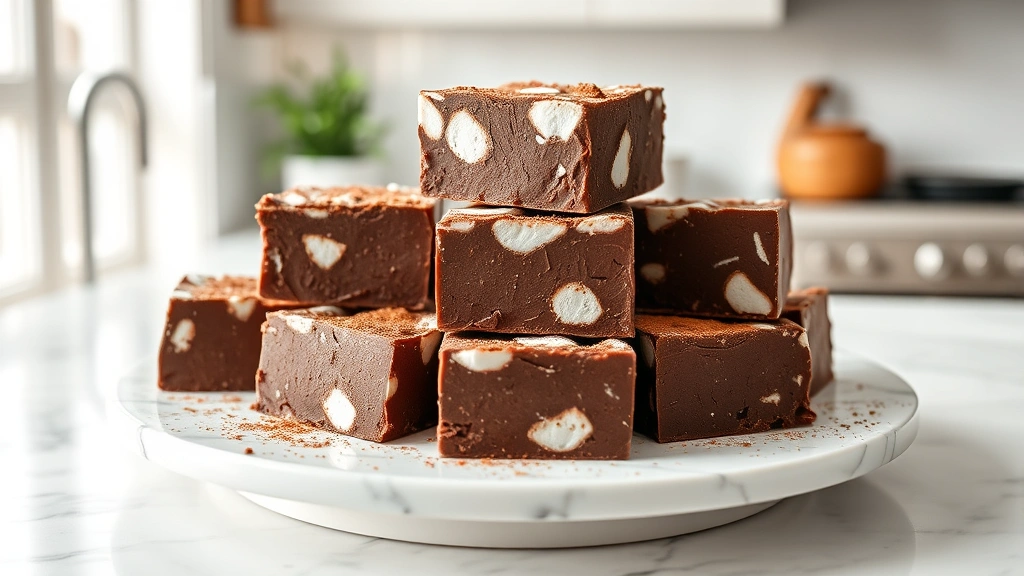 hero: squares of rich chocolate marshmallow cream fudge stacked on a white marble plate, dusted with cocoa powder, natural window light, clean preppy kitchen background