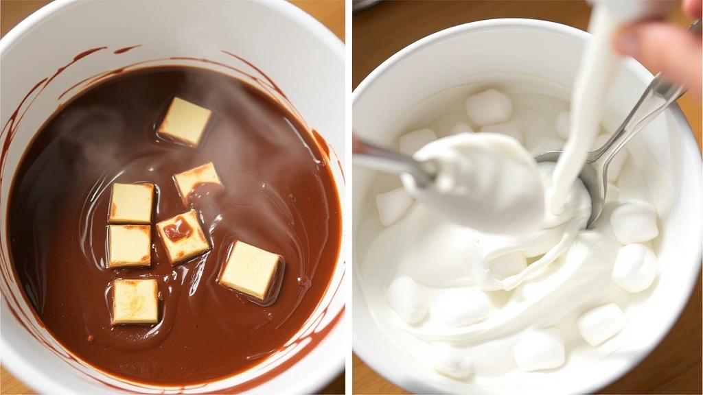 process: melting chocolate and butter together in a white bowl, marshmallow cream being stirred in, steam rising, bright natural lighting