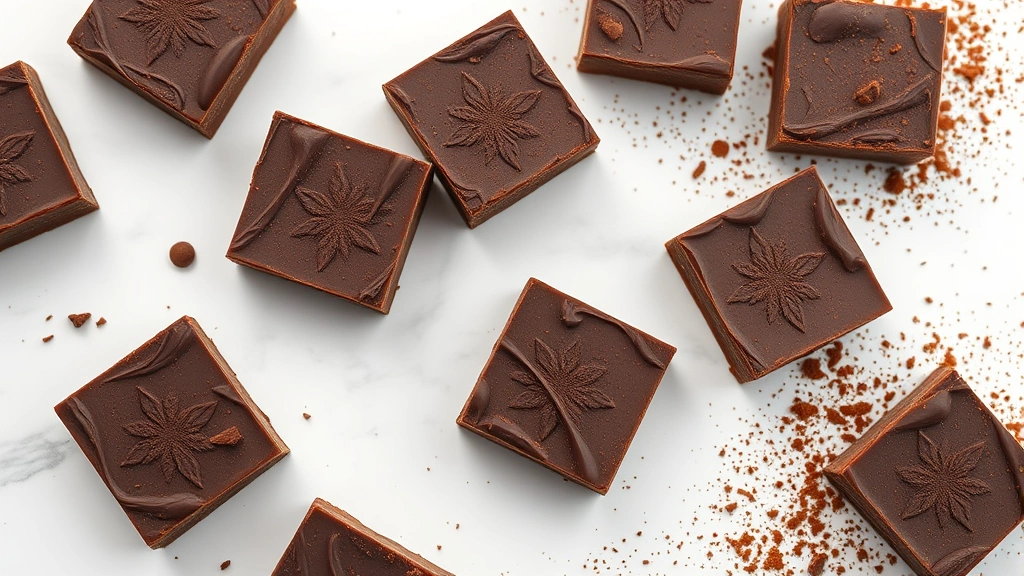 hero: rich dark chocolate fudge squares arranged on white marble surface with fresh cocoa powder dusted nearby, photorealistic, natural soft window light, no text