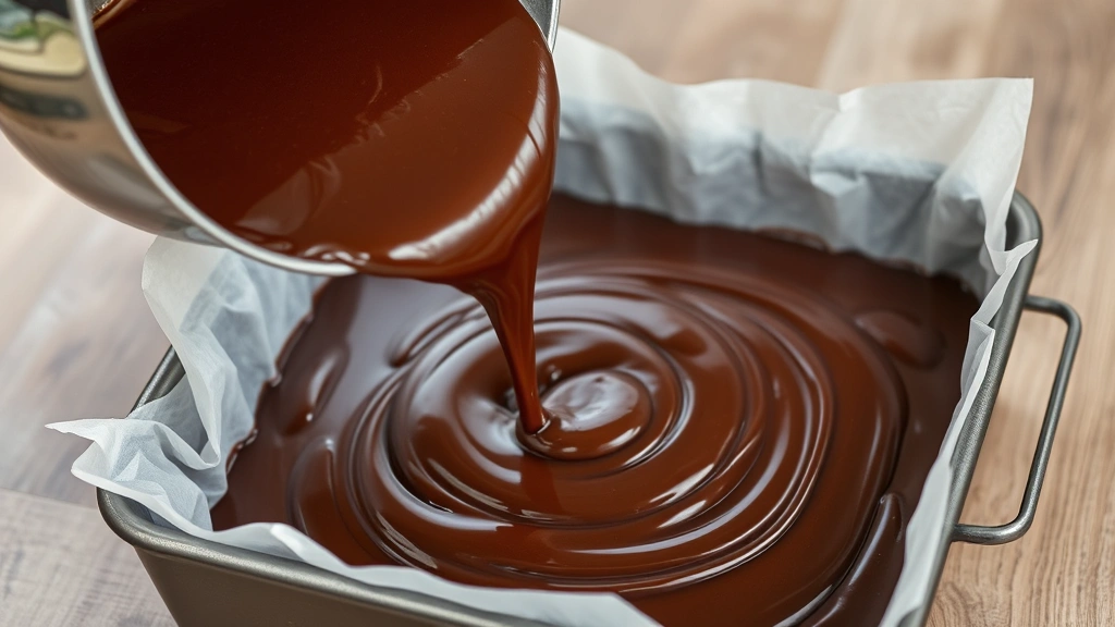process: pouring thick glossy chocolate fudge mixture from saucepan into parchment-lined baking pan, photorealistic, natural light, no text