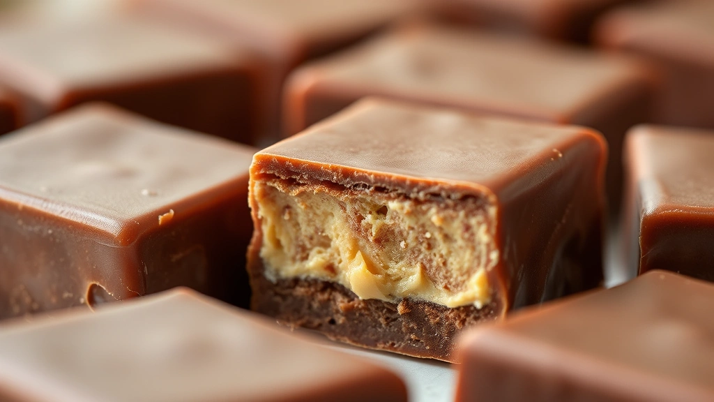 detail: close-up of one fudge square with smooth creamy texture and glossy surface, photorealistic, shallow depth of field, natural light, no text