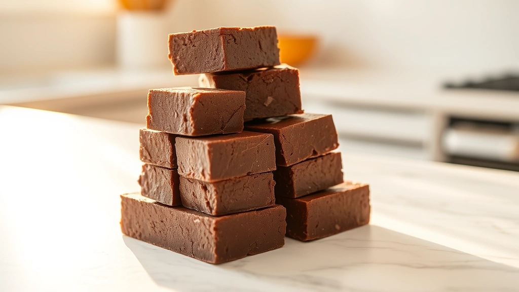 hero: homemade chocolate fudge squares stacked in a pyramid on white marble countertop, golden afternoon sunlight streaming from left side, shallow depth of field, professional food photography, no text or watermarks