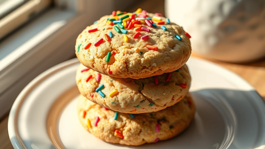 hero: stack of three freshly baked funfetti cookies with rainbow sprinkles on top, photographed from above, warm natural window light creating soft shadows, white ceramic plate background, shallow depth of field, photorealistic