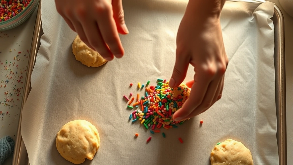 process: hands dropping colorful cookie dough onto parchment-lined baking sheet, rainbow sprinkles visible in dough, warm kitchen lighting, overhead shot, photorealistic