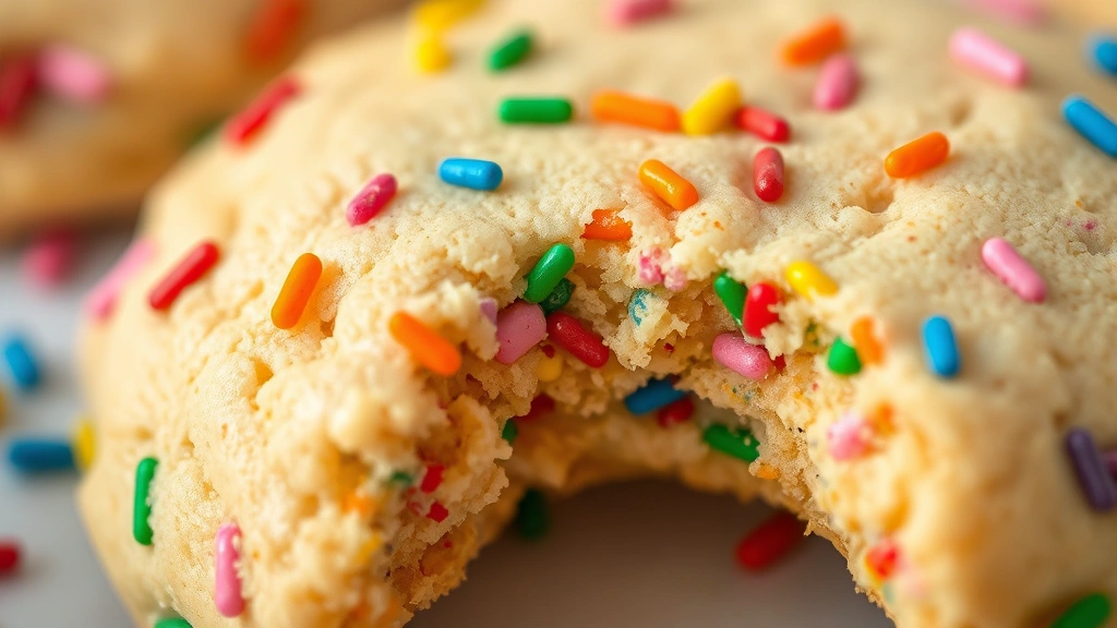 detail: close-up of single funfetti cookie showing texture of soft dough and vibrant rainbow sprinkles, cookie broken in half showing chewy interior, natural diffused lighting, macro photography style, photorealistic