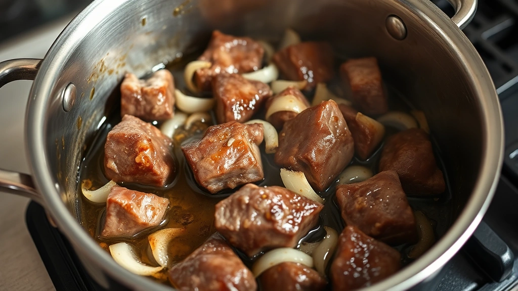 process: browning beef short ribs in a pot with sesame oil, showing sizzling meat and onions, photorealistic, natural kitchen light, no text