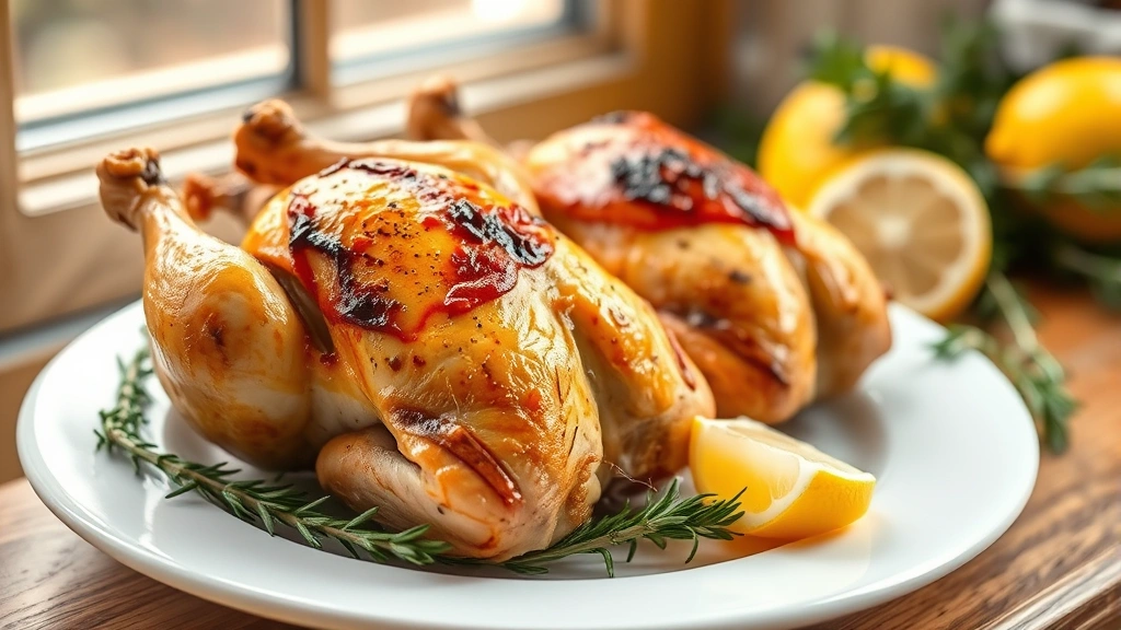hero: two golden-brown roasted Cornish game hens on white plate with fresh rosemary sprigs and lemon wedges, warm natural window light, shallow depth of field, food styling