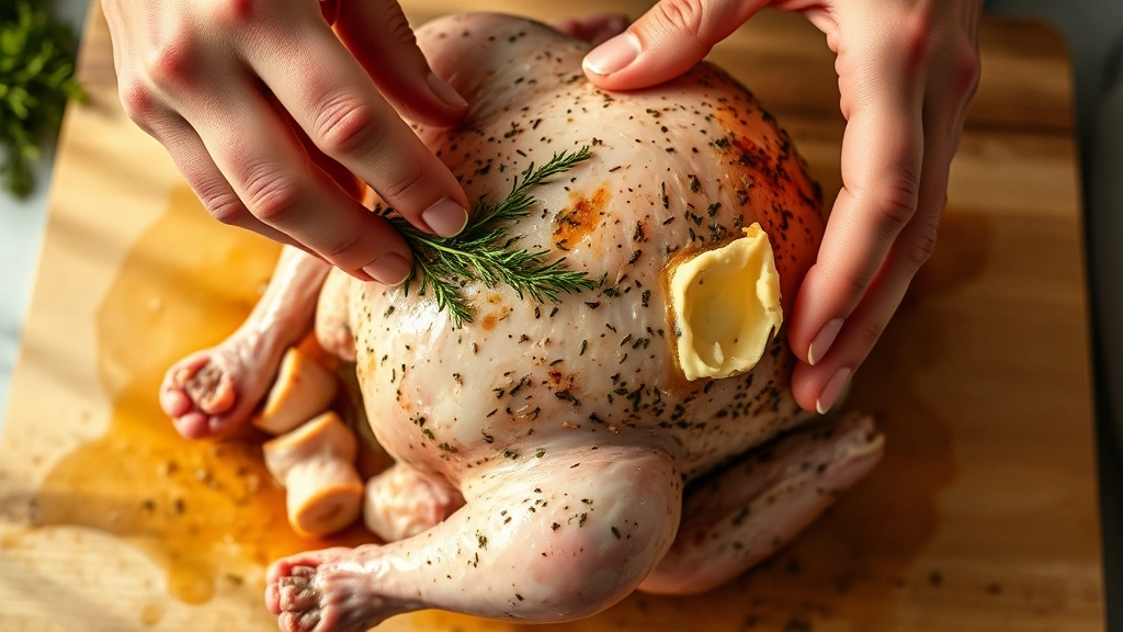 process: hands rubbing herb butter under skin of raw game hen, natural kitchen lighting, close-up action shot, overhead angle, culinary technique