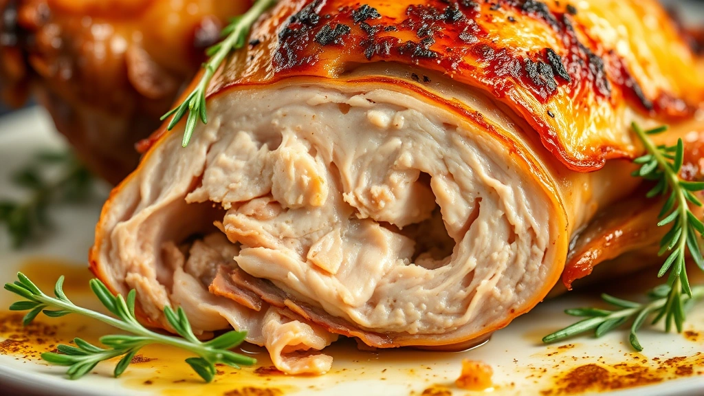 detail: cross-section of perfectly cooked game hen showing juicy meat and crispy golden skin, fresh herbs garnish, warm side lighting, macro photography