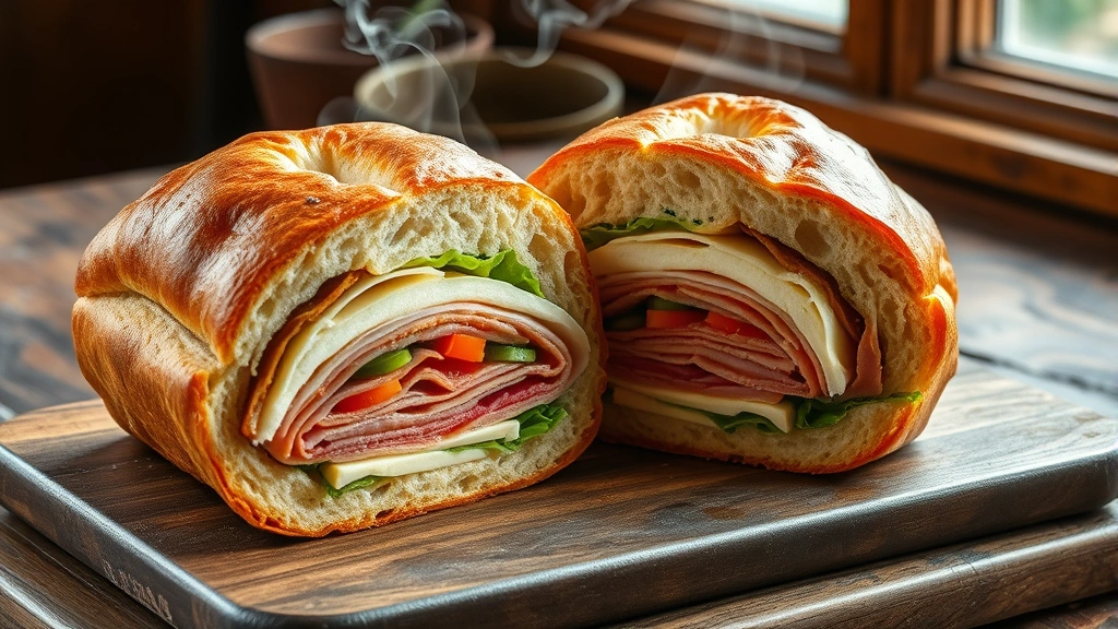 hero: freshly baked garbage bread loaf sliced open showing layers of colorful deli meats cheese and vegetables inside, golden brown crust, steam rising, rustic wooden table, natural daylight from window, no text