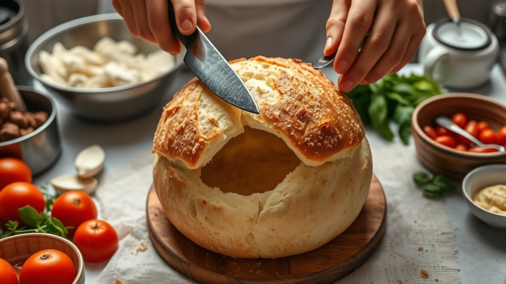 process: hands slicing top off round bread loaf with serrated knife, hollowing out bread with spoon, ingredients scattered around, fresh Italian ingredients visible, bright kitchen lighting, no text