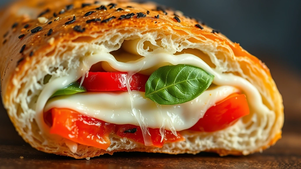 detail: close-up cross-section of garbage bread showing melted cheese stringy mozzarella layers of colorful cold cuts fresh basil roasted red peppers, shallow depth of field, warm natural lighting, no text