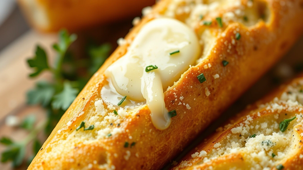 detail: close-up of a single warm garlic breadstick with melting butter, fresh parsley, and grated parmesan cheese visible, shallow depth of field, natural light, no text