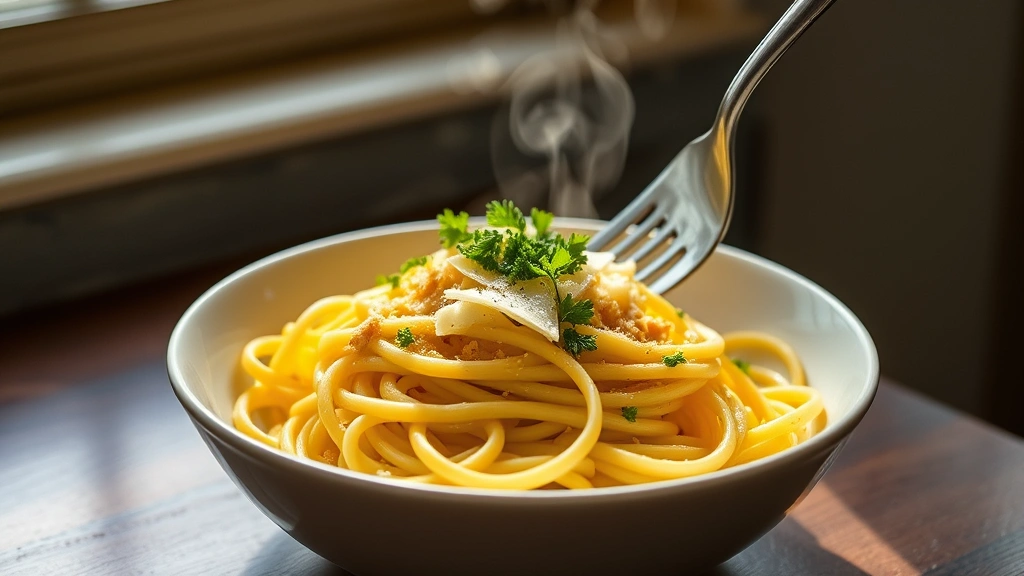 hero: golden garlic butter noodles in a white bowl, topped with fresh parmesan cheese and green parsley, steam rising, natural window light, fork twirled around noodles