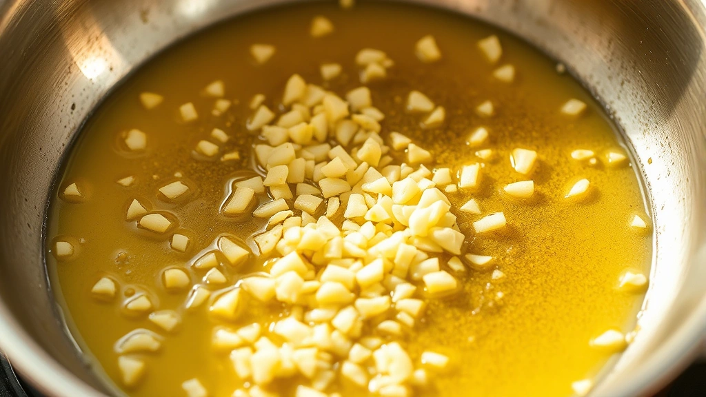 process: minced fresh garlic cooking in melted butter in a stainless steel skillet, golden and fragrant, warm natural light from the side, shallow depth of field