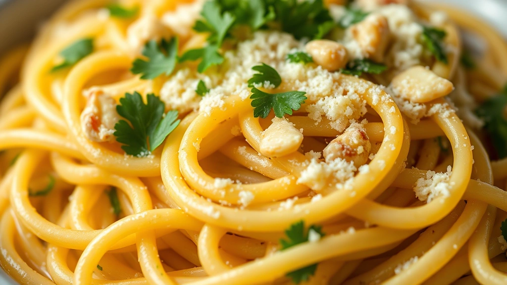 detail: close-up of creamy garlic butter noodles with visible garlic pieces and fresh parsley garnish, parmesan cheese dusted on top, golden butter coating each strand, warm soft lighting