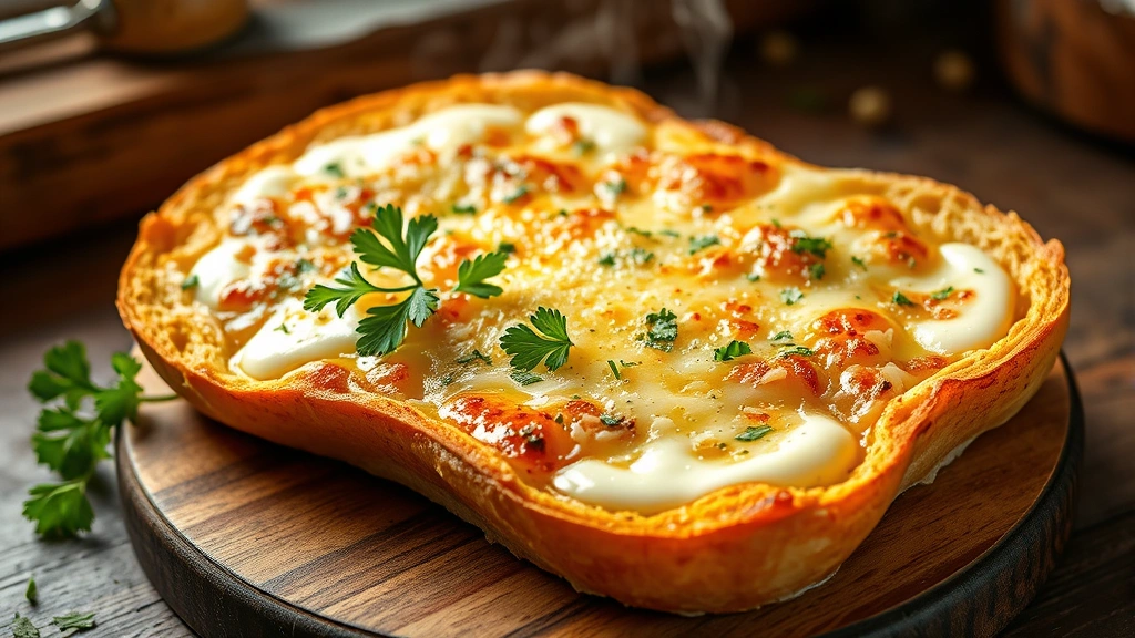 hero: golden-brown garlic cheese bread with melted mozzarella and parmesan, fresh parsley garnish, steam rising, rustic wooden surface, natural window light, professional food photography