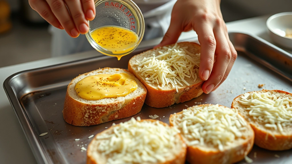 process: hands spreading garlic butter mixture on sliced bread, cheese sprinkled on top, baking sheet visible, bright kitchen lighting, action shot