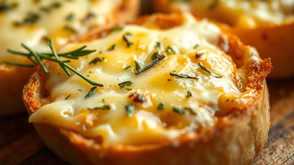 detail: close-up of melted cheese and garlic butter on bread surface, herbs visible, warm golden tones, shallow depth of field, food styling