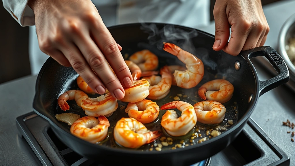 process: chef's hands flipping shrimp in hot cast iron skillet with golden crust, garlic visible, steam rising, natural kitchen light, overhead angle, dynamic cooking action