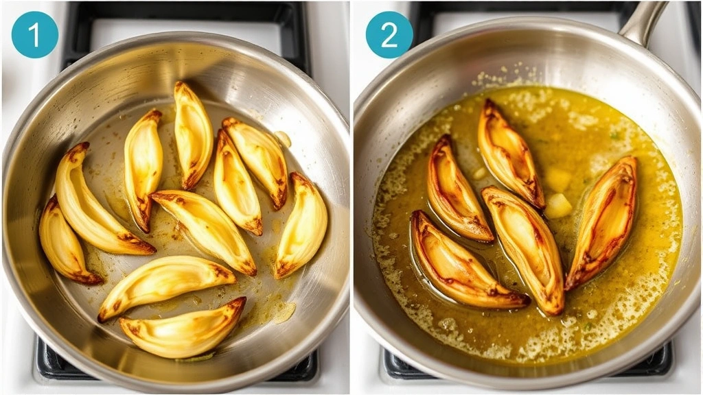 process: skillet with garlic scapes searing cut-side down with visible char, golden butter and garlic sauce bubbling, stainless steel pan, bright kitchen light, action shot, no text