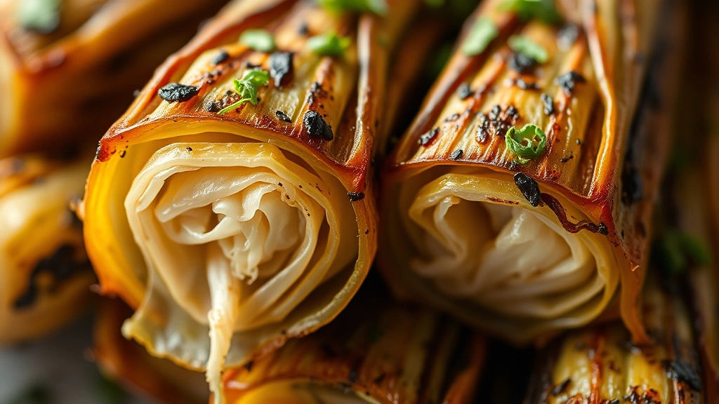 detail: close-up of charred garlic scape cross-section showing tender interior and crispy exterior with herb garnish, shallow depth of field, macro photography, natural light, no text
