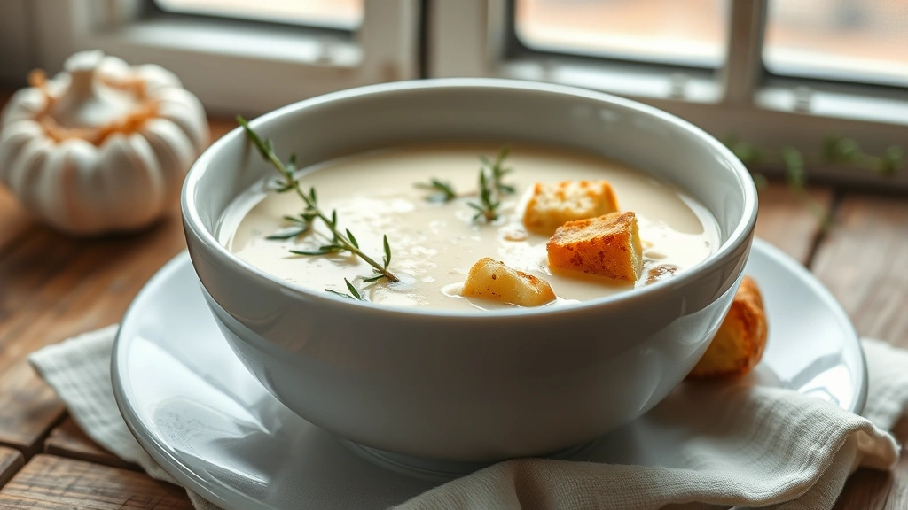 hero: creamy pale white garlic soup in elegant white bowl with fresh thyme sprigs and croutons, photorealistic, natural soft window light, rustic wooden table background, no text
