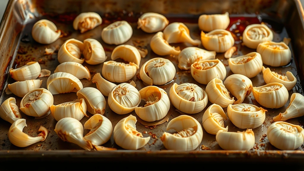 process: peeled fresh garlic cloves being roasted on baking sheet until golden brown, photorealistic, warm natural light, no text