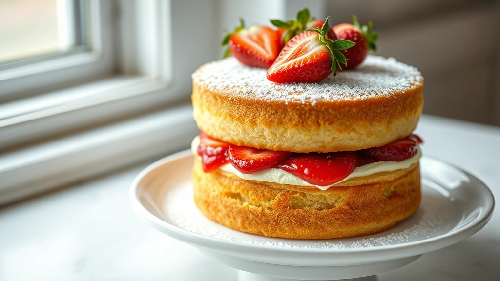 hero: beautiful Victoria Sponge cake with two golden-brown layers, cream filling, strawberry jam, fresh strawberries on top, dusted with icing sugar, on a white plate, photorealistic, natural window light, no text