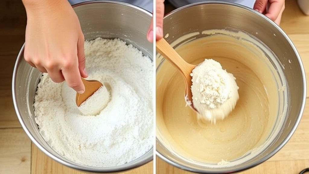 process: hands folding flour into cake batter with spatula in a stainless steel mixing bowl, photorealistic, natural kitchen light, no text