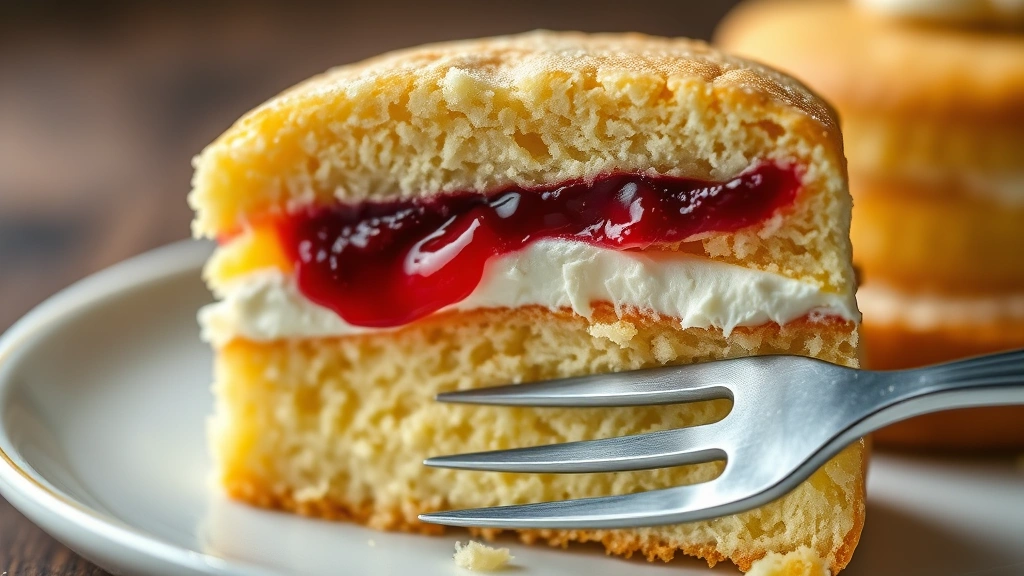 detail: close-up cross-section of Victoria Sponge showing layers of golden sponge, white cream, and red jam, fork beside it, photorealistic, natural light, no text