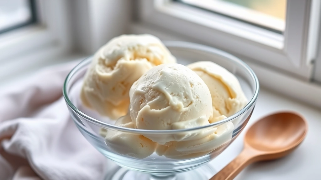 hero: scoops of creamy vanilla gelato in a glass bowl, photorealistic, natural window light, shallow depth of field, wooden spoon beside bowl, no text