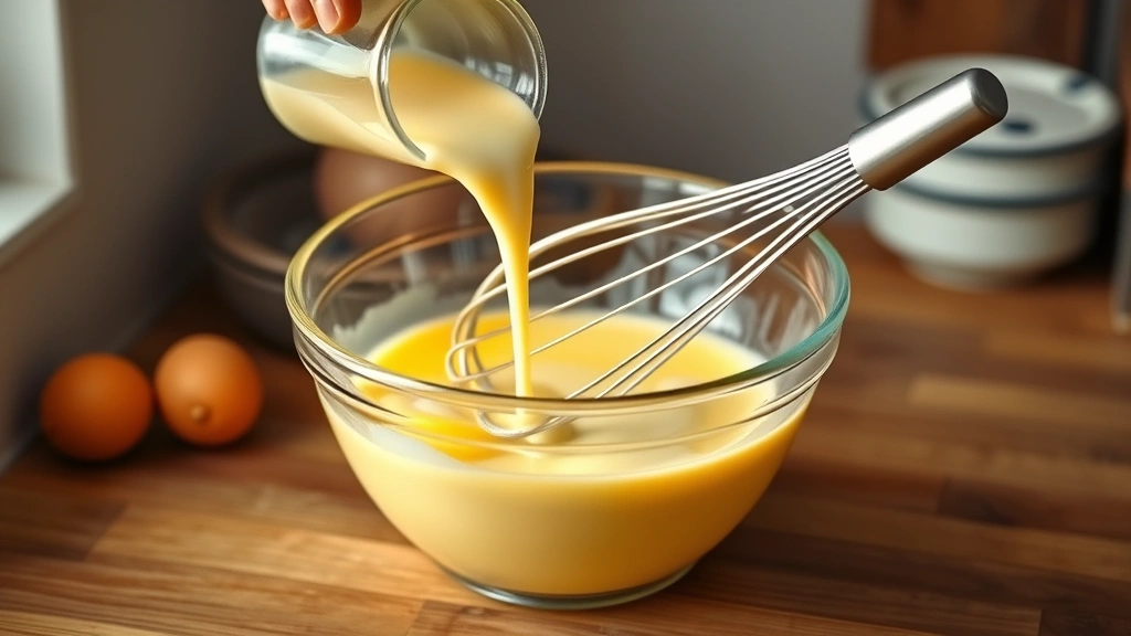 process: pouring hot milk into egg yolk mixture while whisking, photorealistic, warm kitchen lighting, action shot, no text