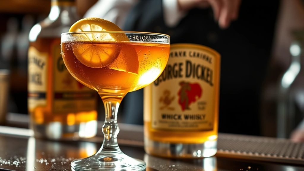 hero: George Dickel whisky cocktail in coupe glass with lemon twist garnish, warm amber liquid, professional bar setting, natural soft lighting, condensation on glass