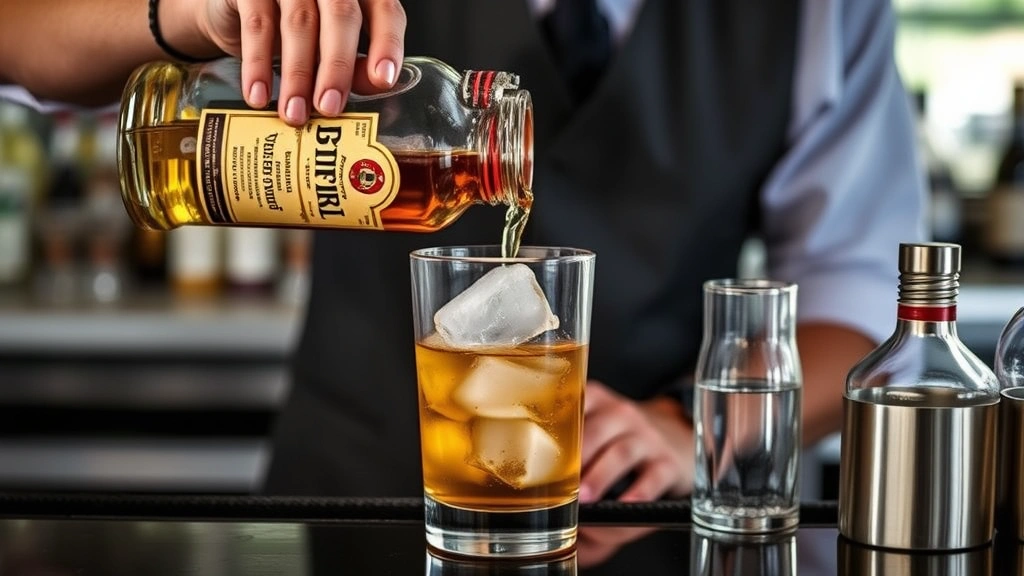 process: bartender pouring George Dickel whisky into mixing glass with ice, hands in motion, bar tools visible, natural light, professional setup