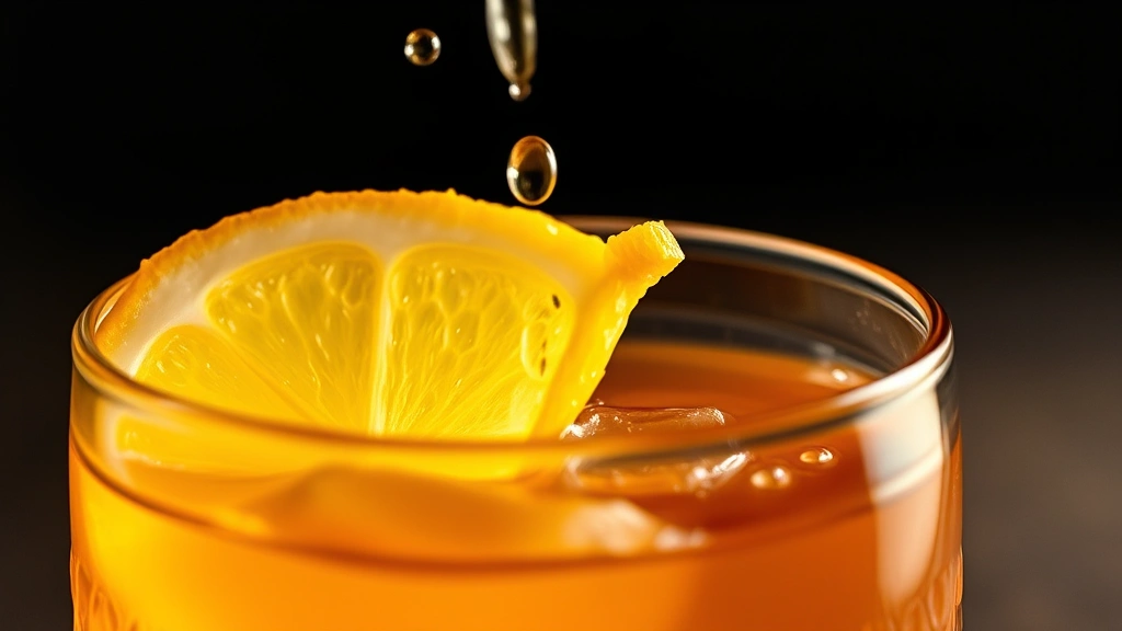 detail: close-up of lemon twist being expressed over cocktail, citrus oils misting, amber liquid below, macro photography, professional lighting