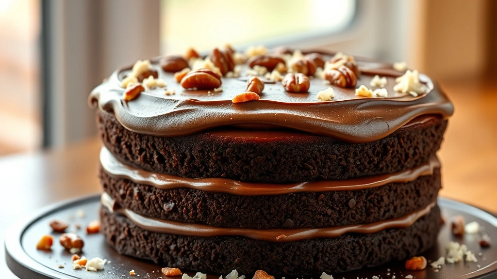 hero: German chocolate frosting on layered chocolate cake, rich brown tones, coconut pecan topping visible, photorealistic, natural window light, no text, professional bakery styling